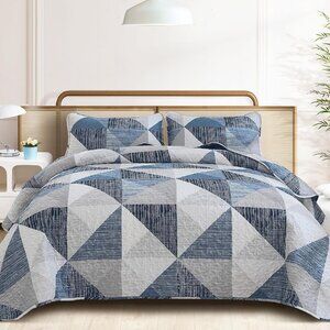 Super Soft Quilt Queen Size Blue 3 Pieces Patchwork Bedspread Bedding All Season